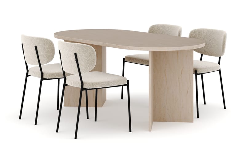 Dano Ruokapöytä 180 cm 4 Gemmiano Ruokatuolit, Travertiini / Valkoinen Bouclé