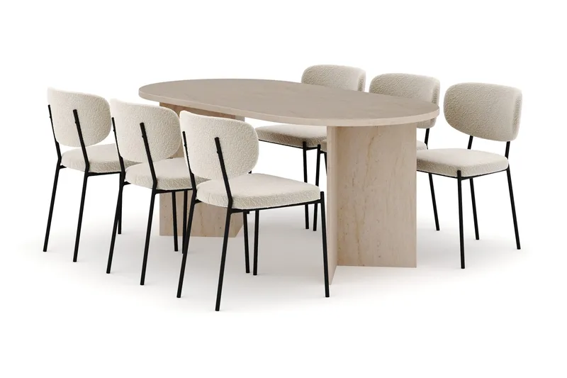 Dano Ruokapöytä 180 cm 6 Gemmiano Ruokatuolit, Travertiini / Valkoinen Bouclé