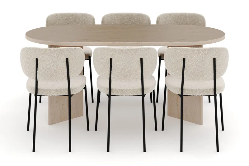 Dano Ruokapöytä 180 cm 6 Gemmiano Ruokatuolit - Travertiini / Valkoinen Bouclé - Huonekalut - Pöytä & ruokailuryhmä - Ruokailuryhmä