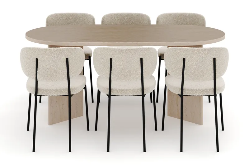 Dano Ruokapöytä 180 cm 6 Gemmiano Ruokatuolit - Travertiini / Valkoinen Bouclé - Huonekalut - Pöytä & ruokailuryhmä - Ruokailuryhmä