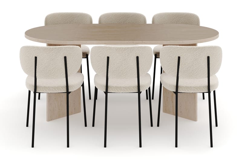 Dano Ruokapöytä 180 cm 6 Heathrow Ruokatuolit - Travertiini / Valkoinen Bouclé - Huonekalut - Pöytä & ruokailuryhmä - Ruokailuryhmä