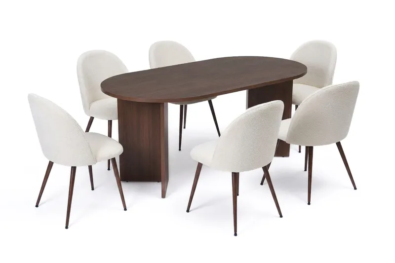 Dano Ruokapöytä 180 cm ja 6 Nibe Plus Ruokatuolia, Valkoinen/Ruskea