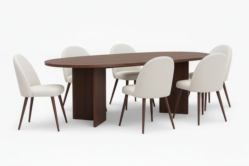 Dano Ruokapöytä 180 cm ja 6 Nibe Plus Ruokatuolia, Valkoinen/Ruskea