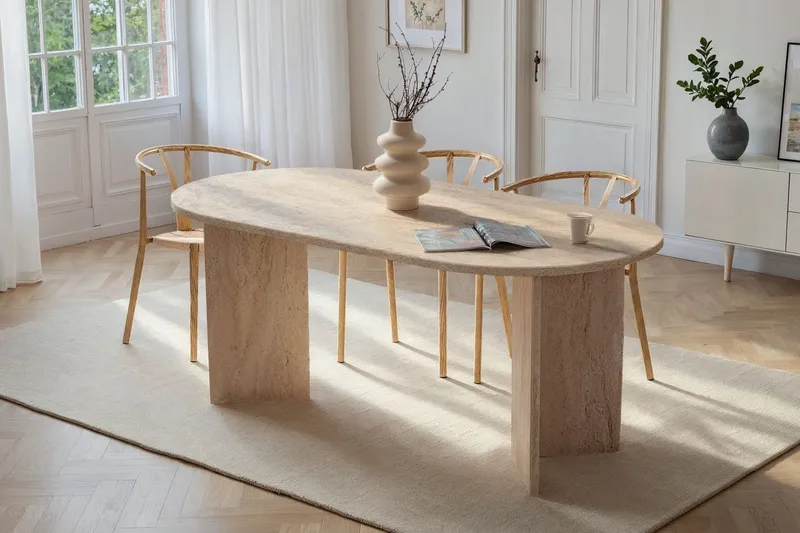 Dano soikea ruokapöytä 180x90 cm travertiinin näköisellä pinnalla - Beige - Huonekalut - Pöytä & ruokailuryhmä - Ruokapöydät & keittiön pöydät