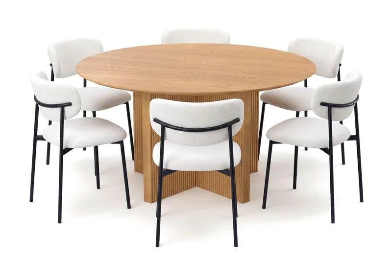 Edda-ruokailuryhmä, pyöreä 150 cm, tammi, 6 Lucy-ruokatuolia, Tammi