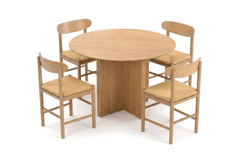 Edda-ruokailuryhmä, pyöreä 110 cm, tammi, 4 Malte-ruokatuolia, undefined