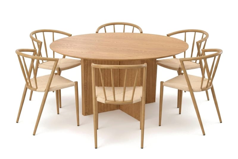 Edda-ruokailuryhmä, pyöreä 150 cm, tammi, 6 Winston-ruokatuolia, Tammi