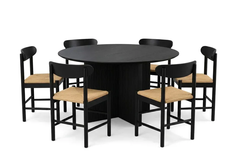 Edda-ruokailuryhmä, pyöreä 130 cm, musta, 6 Malte-ruokailutuolia, undefined