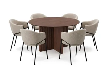 Edda-ruokailuryhmä, pyöreä 130 cm, pähkinä, 6 Filip-ruokatuolia - Pähkinä - Huonekalut - Pöytä & ruokailuryhmä - Ruokailuryhmä