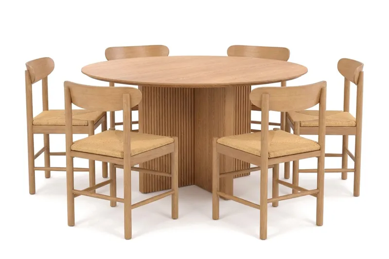 Edda-ruokailuryhmä, pyöreä 130 cm, tammi, 6 Malte-ruokailutuolia, undefined