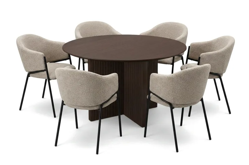 Edda-ruokailuryhmä, pyöreä 130 cm, savutammi, 6 Filip-ruokatuolia, Savutammi