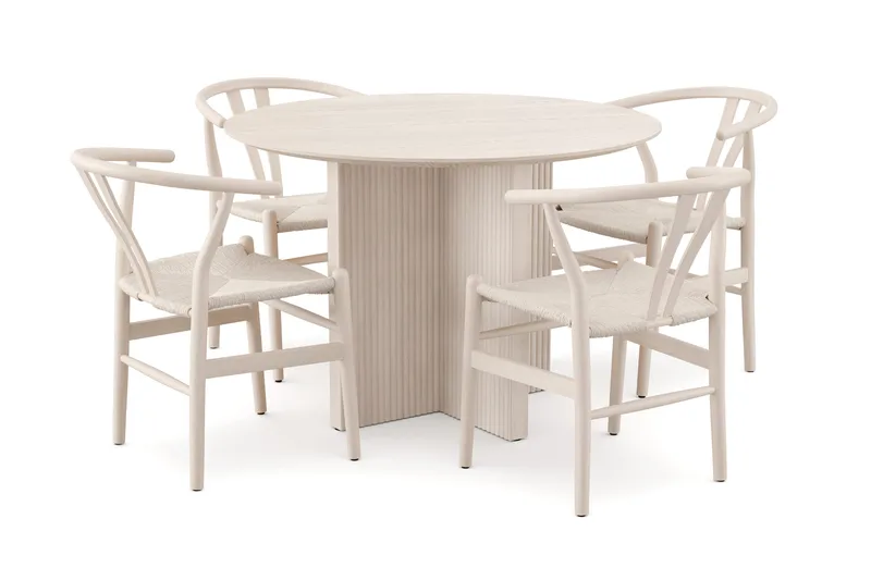 Edda-ruokailuryhmä, pyöreä 110 cm, valkolakattu, 4 Dastoori-ruokatuolia, Valkoiseksi petsattu tammi