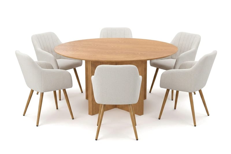 Edda-ruokailuryhmä, pyöreä 150 cm, tammi, 6 Karol-ruokatuolia, Tammi