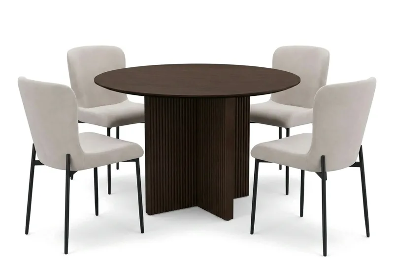 Edda Ruokailuryhmä Pyöreä 110 cm Savustettu Tammi ja 4 Elsie Ruokatuolia, Savustettu Tammi/Beige