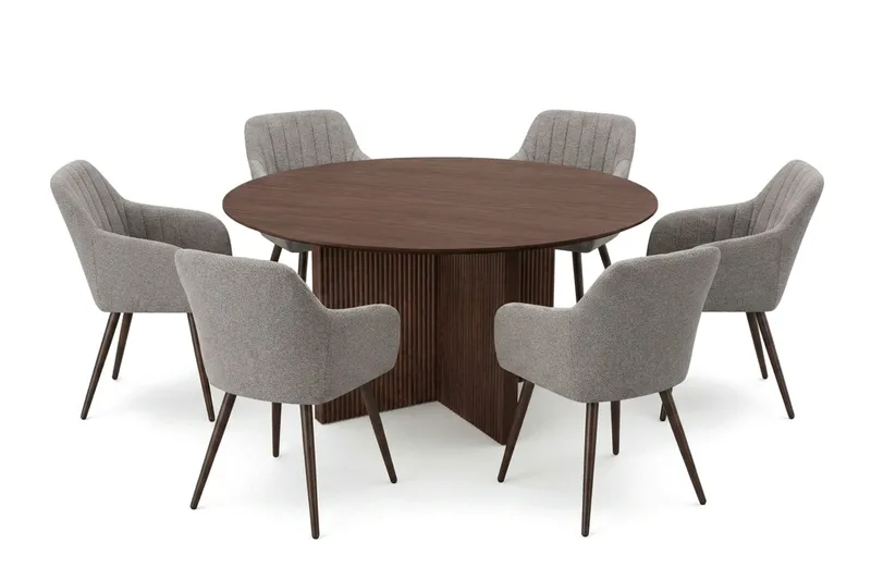 Edda-ruokailuryhmä pyöreä 150 cm, pähkinä, 6 Filippa-ruokatuolia, undefined