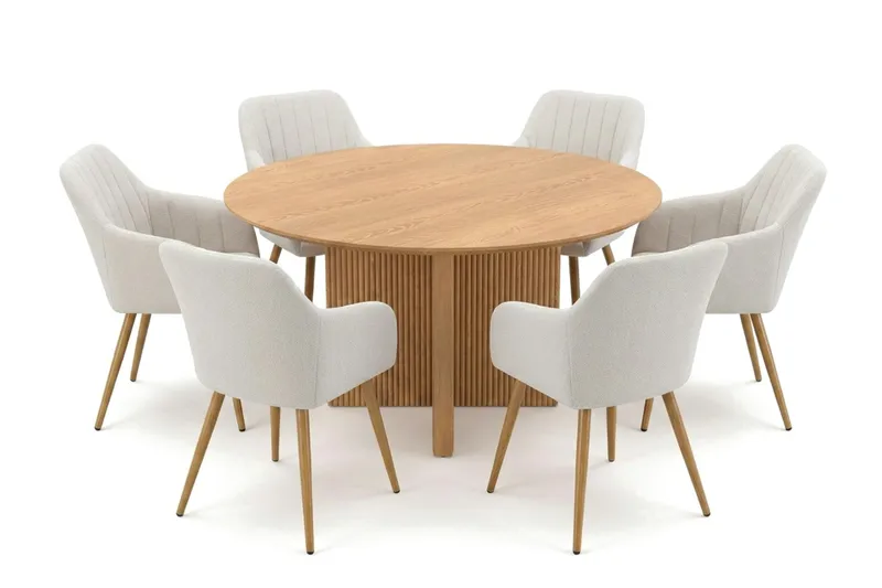 Edda-ruokailuryhmä pyöreä 130 cm, tammi, 6 Filippa-ruokatuolia, Tammi