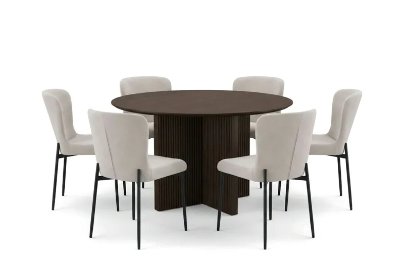 Edda Ruokailuryhmä Pyöreä 130 cm Savustettu Tammi ja 6 Elsie Ruokatuolia, Savustettu Tammi/Beige