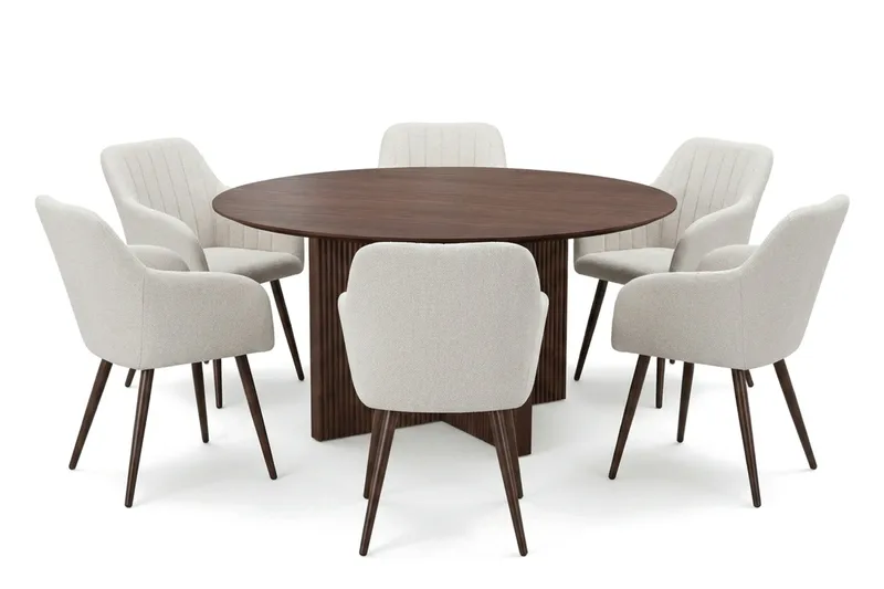 Edda-ruokailuryhmä pyöreä 150 cm, pähkinä, 6 Filippa-ruokatuolia, undefined
