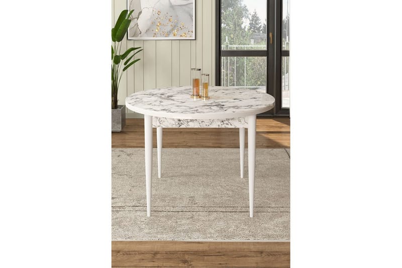 Farefax Ruokapöytä 90 cm Pyöreä - Valkoinen Marmori/Valkoinen - Huonekalut - Pöytä & ruokailuryhmä - Ruokapöydät & keittiön pöydät