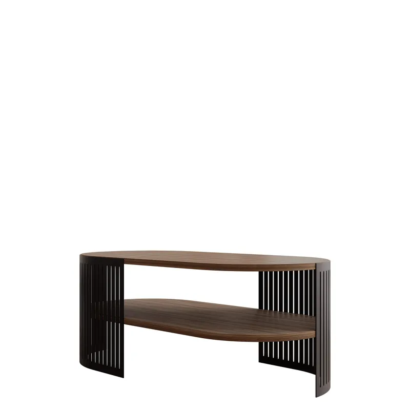 Friend soikea sohvapöytä hyllyillä 100x40 cm puuta metallijalustalla, Musta|Ruskea