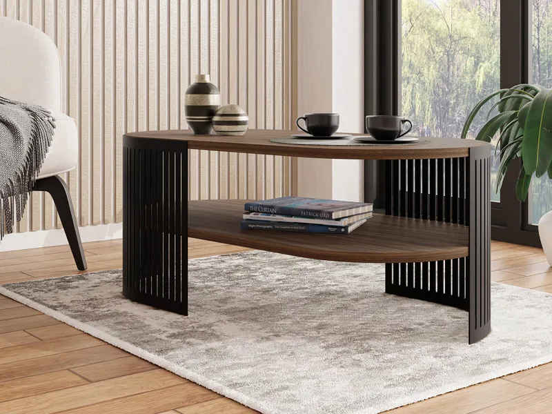 Friend soikea sohvapöytä hyllyillä 100x40 cm puuta metallijalustalla - Musta|Ruskea - Huonekalut - Pöytä & ruokailuryhmä - Sohvapöytä