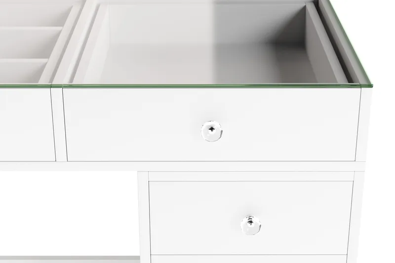 Glow Iso meikkipöytä lasikannella – Säilytystilaa laatikoilla ja lokeroilla 120 cm - Valkoinen - Huonekalut - Pöytä & ruokailuryhmä - Meikki- & kampauspöydät
