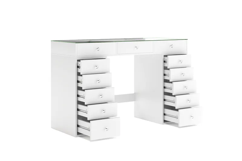 Glow Iso meikkipöytä lasikannella – Säilytystilaa laatikoilla ja lokeroilla 120 cm - Valkoinen - Huonekalut - Pöytä & ruokailuryhmä - Meikki- & kampauspöydät