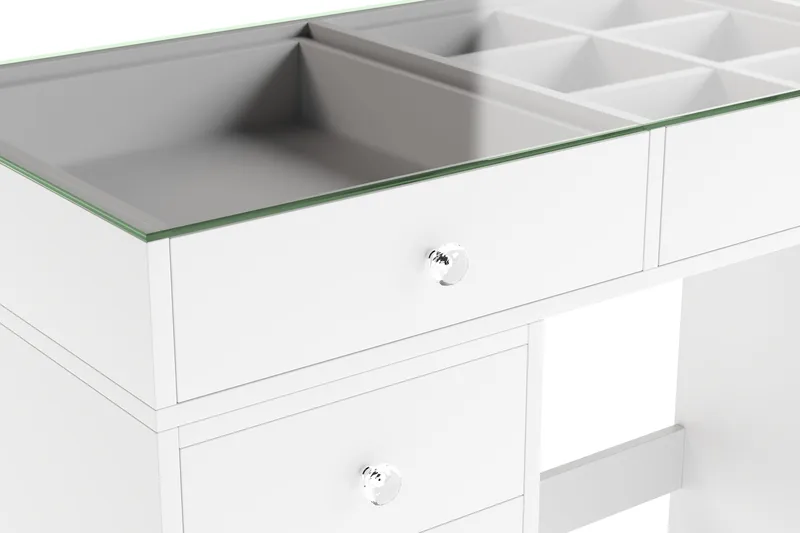 Glow Iso meikkipöytä lasikannella – Säilytystilaa laatikoilla ja lokeroilla 120 cm - Valkoinen - Huonekalut - Pöytä & ruokailuryhmä - Meikki- & kampauspöydät