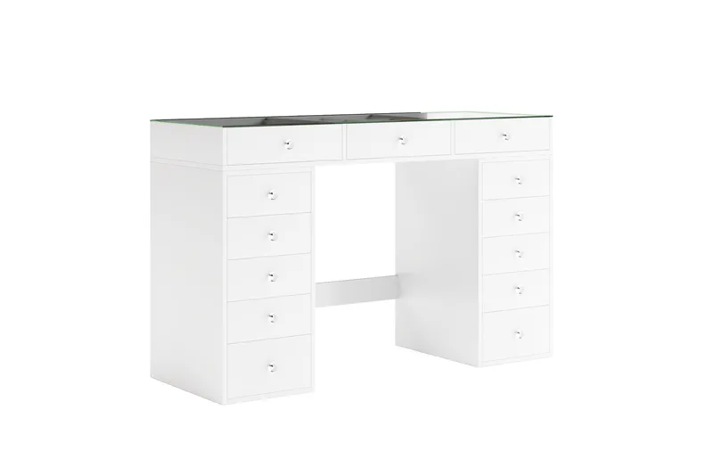 Glow Iso meikkipöytä lasikannella – Säilytystilaa laatikoilla ja lokeroilla 120 cm - Valkoinen - Huonekalut - Pöytä & ruokailuryhmä - Meikki- & kampauspöydät