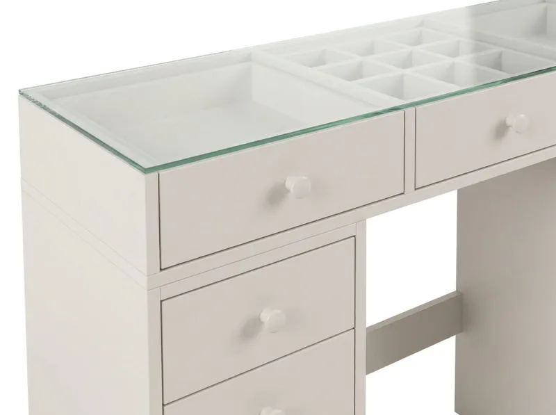 Glow meikkipöytä 120 cm lasikannella, säilytystilaa laatikoilla - Beige - Huonekalut - Pöytä & ruokailuryhmä - Meikki- & kampauspöydät