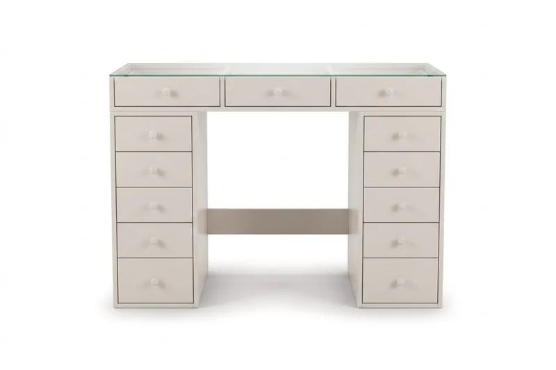 Glow meikkipöytä 120 cm lasikannella, säilytystilaa laatikoilla, Beige