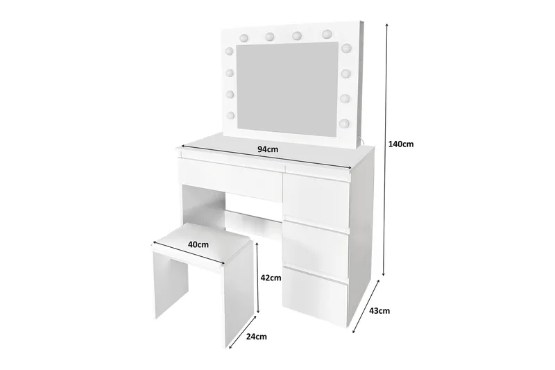 Glow Meikkipöytä 94 cm peilillä laatikoilla ja jakkaralla - LED-valaistus - Valkoinen - Huonekalut - Pöytä & ruokailuryhmä - Meikki- & kampauspöydät - Meikkipöytä valolla
