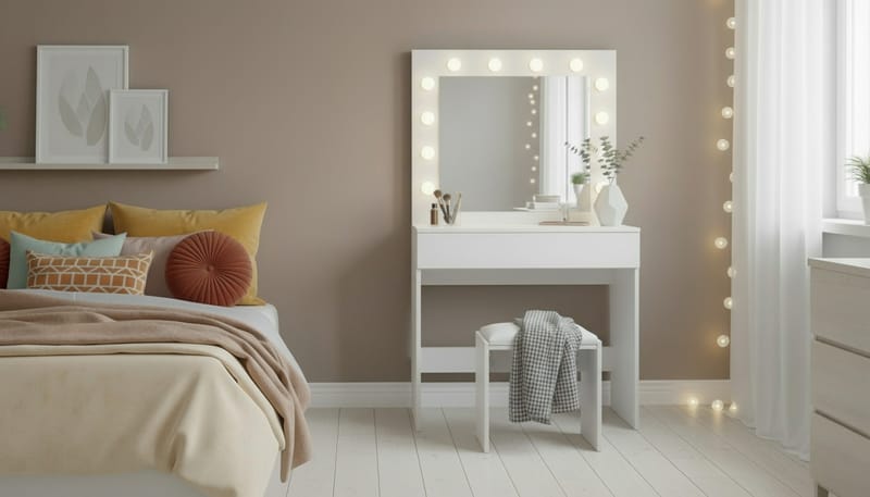 Glow Pieni Meikkipöytä 80 cm peilillä laatikoilla ja jakkaralla - LED-valaistus - Valkoinen - Huonekalut - Pöytä & ruokailuryhmä - Meikki- & kampauspöydät - Meikkipöytä valolla