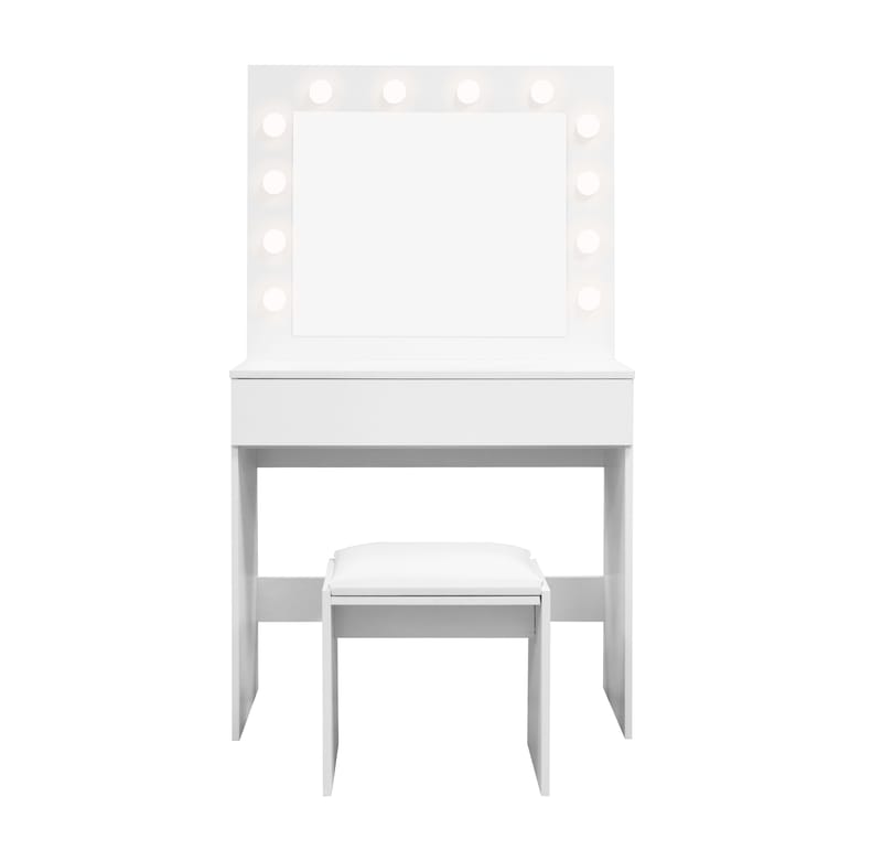 Glow Pieni Meikkipöytä 80 cm peilillä laatikoilla ja jakkaralla - LED-valaistus - Valkoinen - Huonekalut - Pöytä & ruokailuryhmä - Meikki- & kampauspöydät