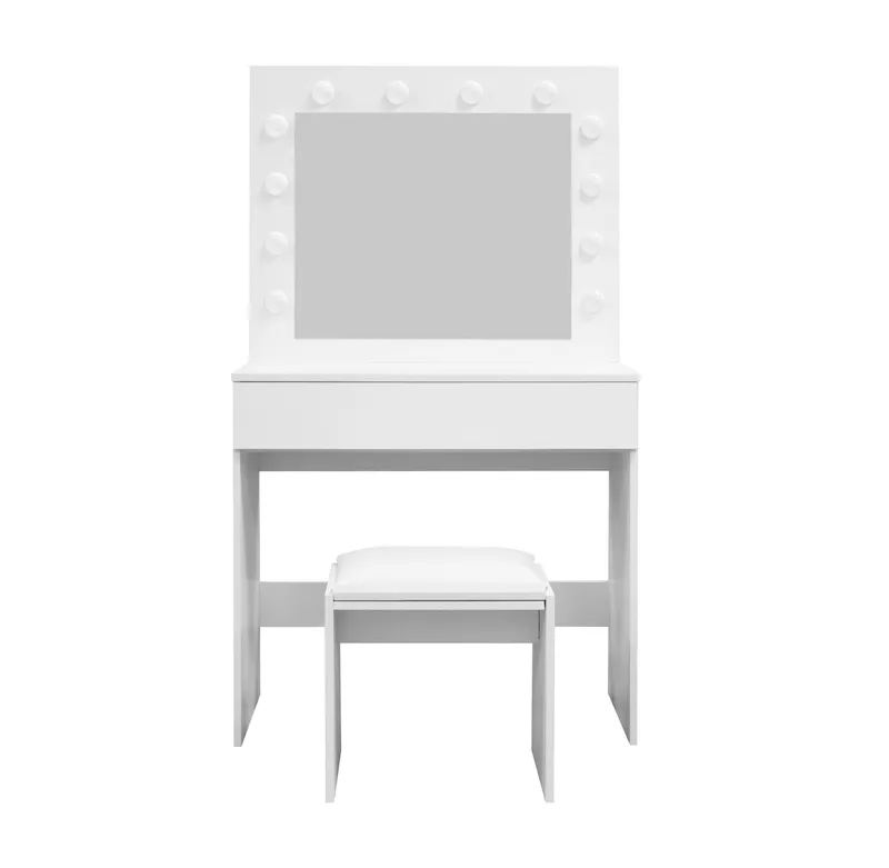 Glow Pieni Meikkipöytä 80 cm peilillä laatikoilla ja jakkaralla - LED-valaistus, Valkoinen