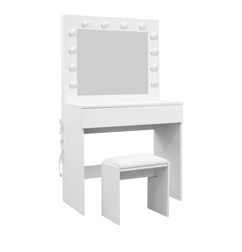 Glow Pieni Meikkipöytä 80 cm peilillä laatikoilla ja jakkaralla - LED-valaistus - Valkoinen - Huonekalut - Pöytä & ruokailuryhmä - Meikki- & kampauspöydät