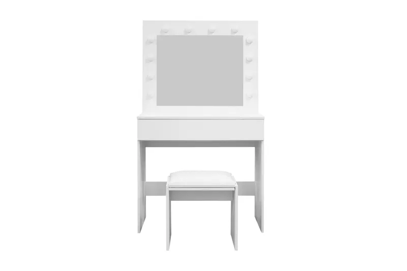 Glow Pieni Meikkipöytä 80 cm peilillä laatikoilla ja jakkaralla - LED-valaistus, Valkoinen