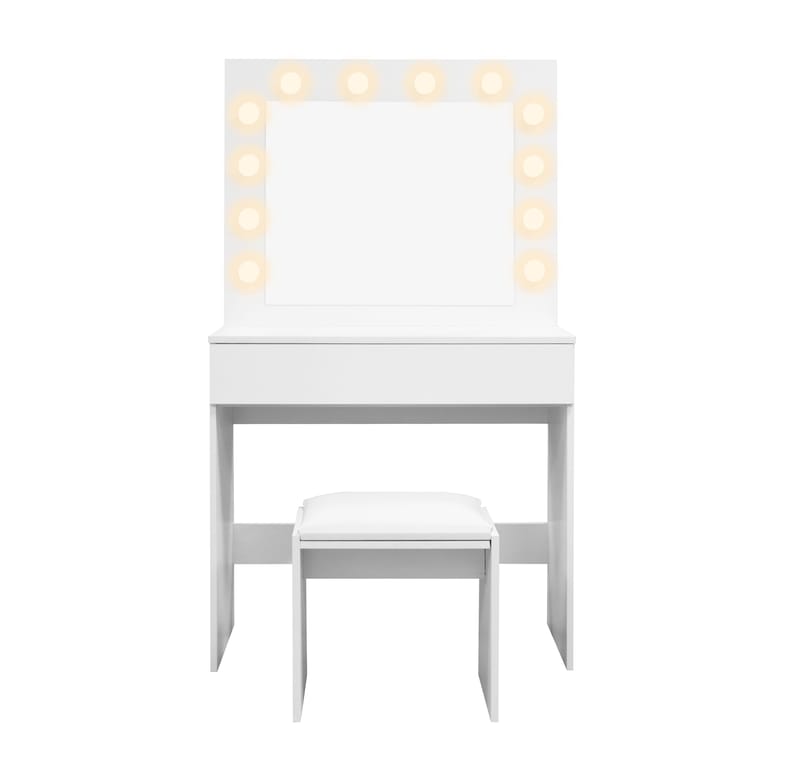 Glow Pieni Meikkipöytä 80 cm peilillä laatikoilla ja jakkaralla - LED-valaistus - Valkoinen - Huonekalut - Pöytä & ruokailuryhmä - Meikki- & kampauspöydät