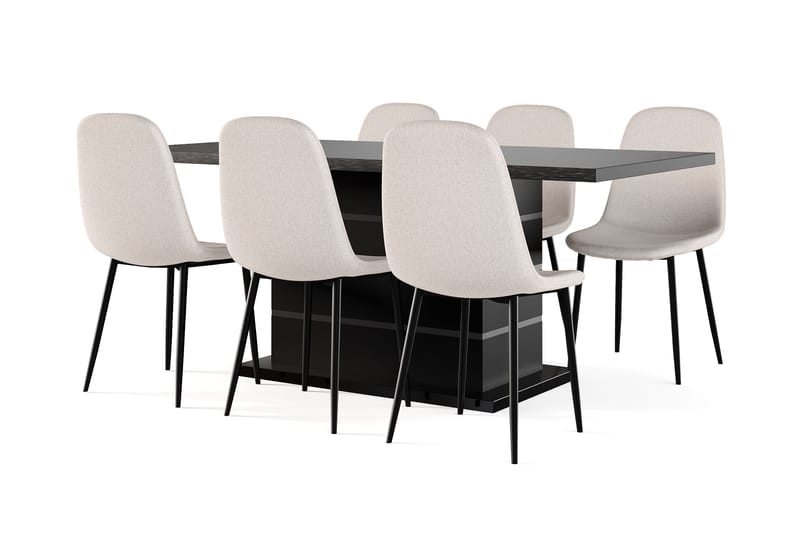 Griffith Jatkettava Ruokapöytä 180/220 cm Musta + 6 kpl Naira tuoli beige mustilla jaloilla, Musta/Beige