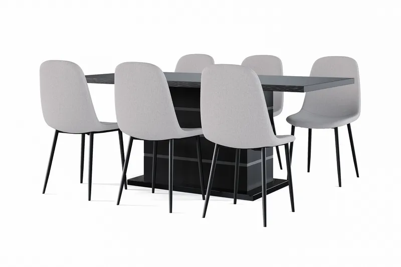 Griffith Jatkettava Ruokapöytä 180/220 cm Musta + 6 kpl Naira tuoli harmaa mustilla jaloilla, Musta/Harmaa