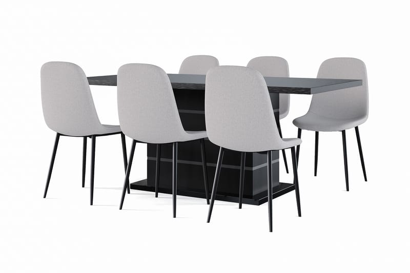 Griffith Jatkettava Ruokapöytä 180/220 cm Musta + 6 kpl Naira tuoli harmaa mustilla jaloilla, Musta/Harmaa
