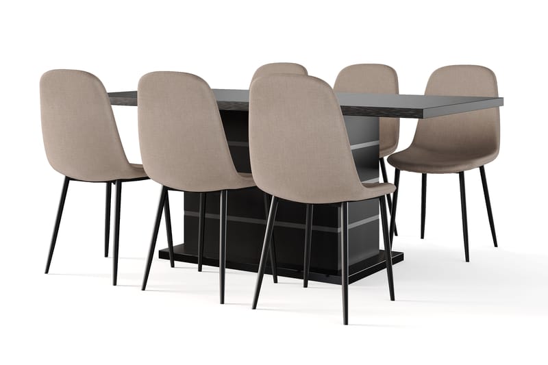 Griffith Jatkettava Ruokapöytä 180/220 cm Musta + 6 kpl Naira tuoli ruskea mustilla jaloilla, Musta/Ruskea