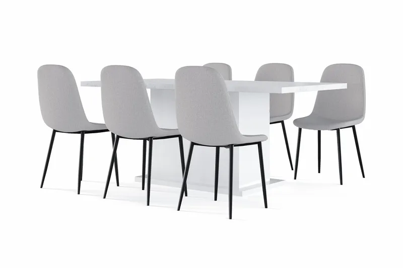 Griffith Ruokapöytä 180 cm Jatkettava lisälevyllä + 6 kpl Naira tuoli harmaa mustilla jaloilla, Valkoinen/Harmaa