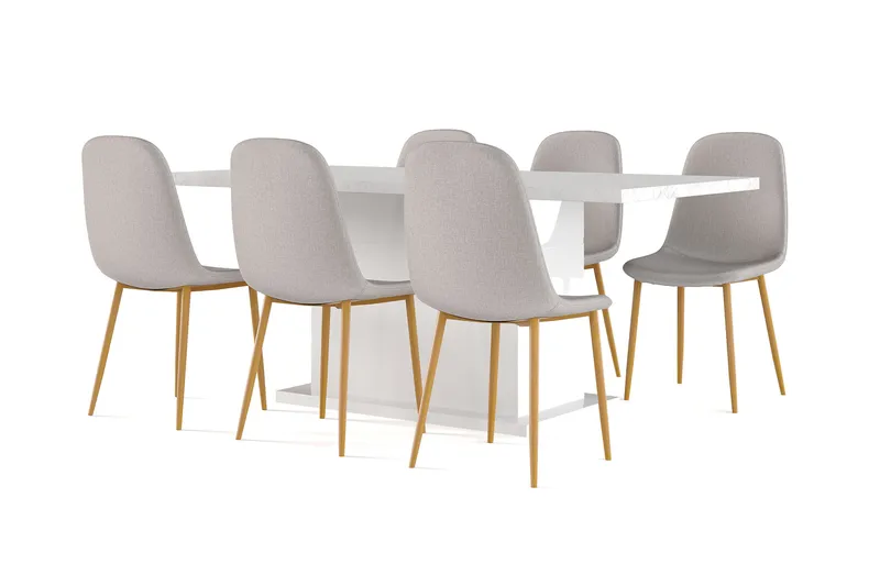 Griffith Ruokapöytä 180 cm Jatkettava lisälevyllä + 6 kpl Naira tuoli harmaa tammijaloilla, Valkoinen/Harmaa