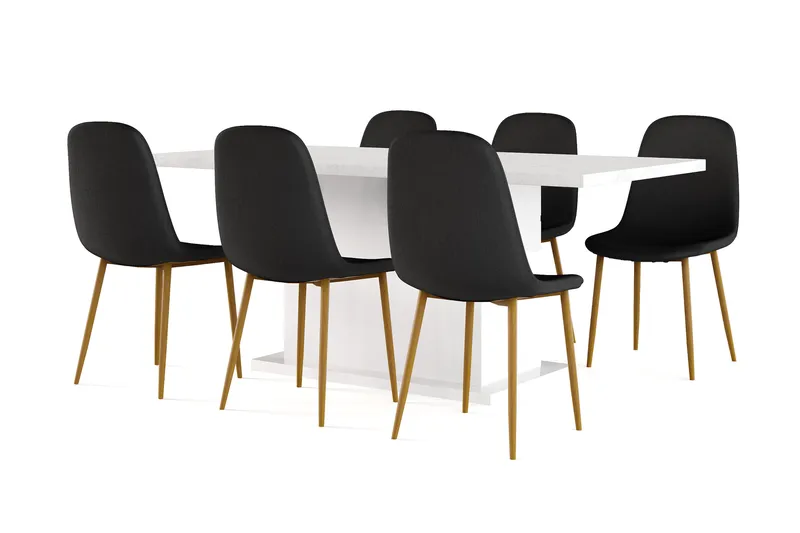 Griffith Ruokapöytä 180 cm Jatkettava lisälevyllä + 6 kpl Naira tuoli musta tammijaloilla, Valkoinen/Musta