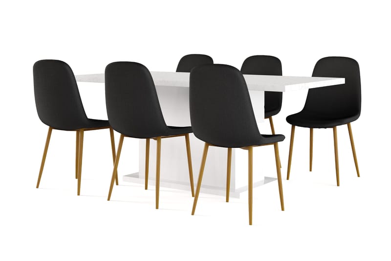 Griffith Ruokapöytä 180 cm Jatkettava lisälevyllä + 6 kpl Naira tuoli musta tammijaloilla, Valkoinen/Musta