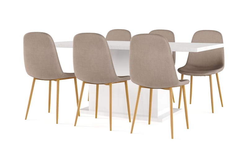 Griffith Ruokapöytä 180 cm Jatkettava lisälevyllä + 6 kpl Naira tuoli ruskea tammijaloilla, Valkoinen/Ruskea