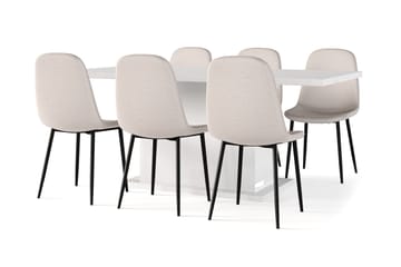 Griffith Ruokapöytä 180 cm Jatkettava lisälevyllä + 6 kpl Naira tuoli beige mustilla jaloilla - Valkoinen/Beige - Huonekalut - Pöytä & ruokailuryhmä - Ruokailuryhmä