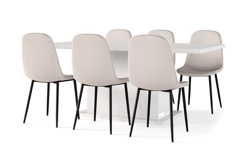Griffith Ruokapöytä 180 cm Jatkettava lisälevyllä + 6 kpl Naira tuoli beige mustilla jaloilla - Valkoinen/Beige - Huonekalut - Pöytä & ruokailuryhmä - Ruokailuryhmä