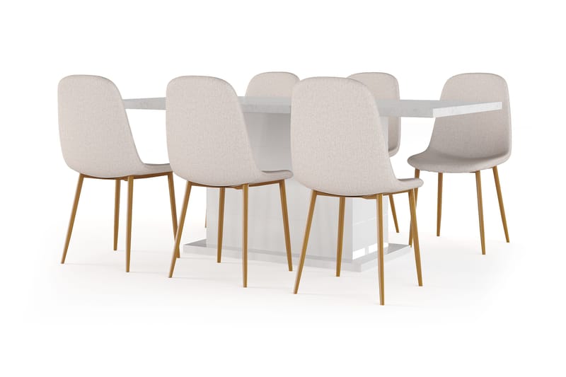 Griffith Ruokapöytä 180 cm Jatkettava lisälevyllä + 6 kpl Naira tuoli beige tammijaloilla - Valkoinen/Beige - Huonekalut - Pöytä & ruokailuryhmä - Ruokailuryhmä